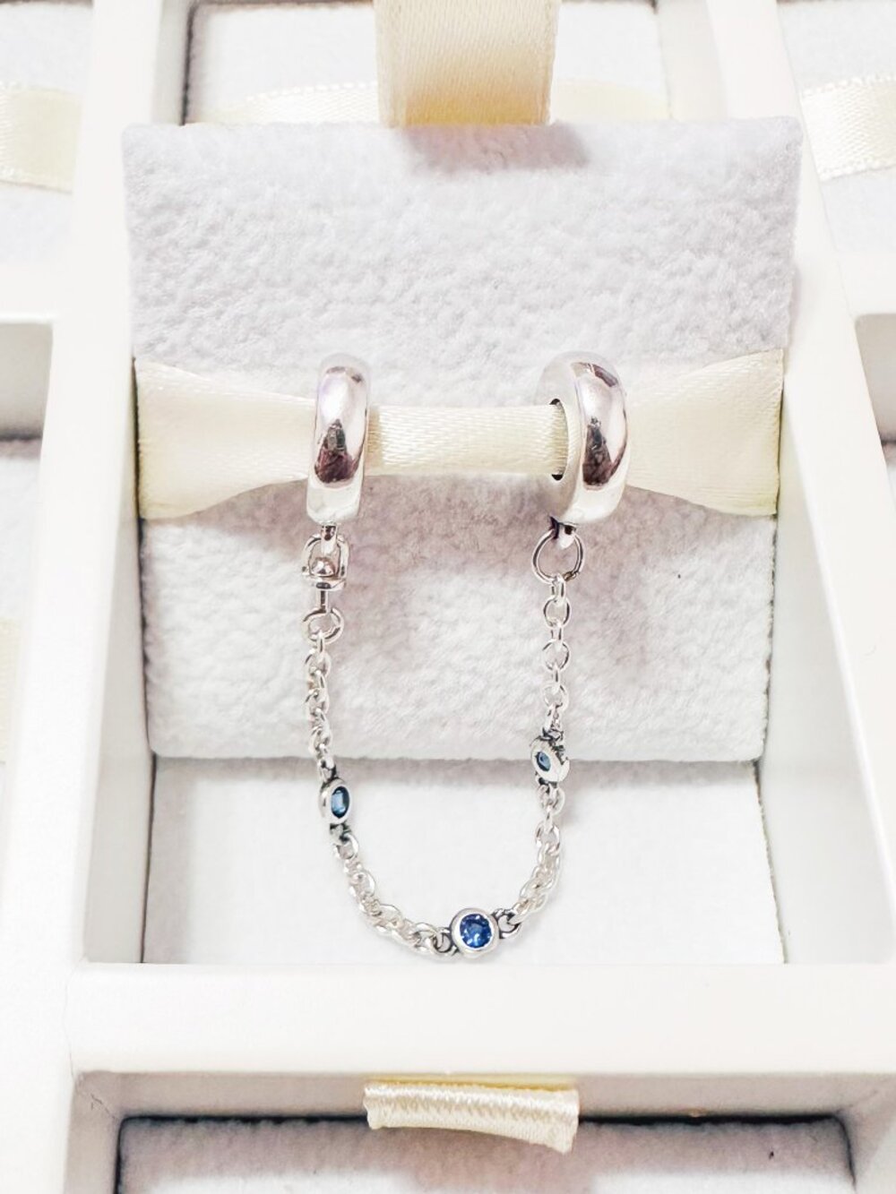 925 Sterling Silver Blue Crystals Safety Chain Charm Fits Pandora Bracelets